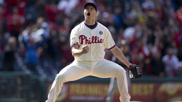 PHILADELPHIA, PA - APRIL 17: Closer Jonathan Papelbon #58 of the Philadelphia Phillies reacts after earning a save against the Atlanta Braves on April 17, 2014 at Citizens Bank Park in Philadelphia, Pennslyvania. (Photo by Mitchell Leff/Getty Images) 