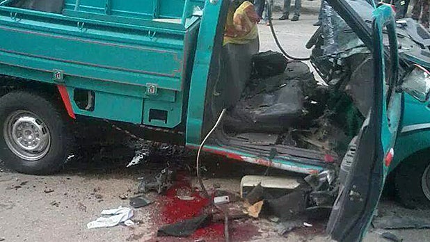 The vehicle in which Egyptian police Brig. Gen. Ahmed Zaki was traveling on April 23, 2014, when a bomb tore through it, killing him 