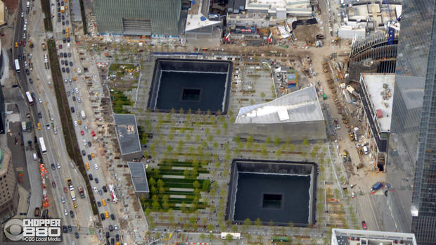 1 World Trade Center &amp; 9/11 Memorial Museum from the sky 
