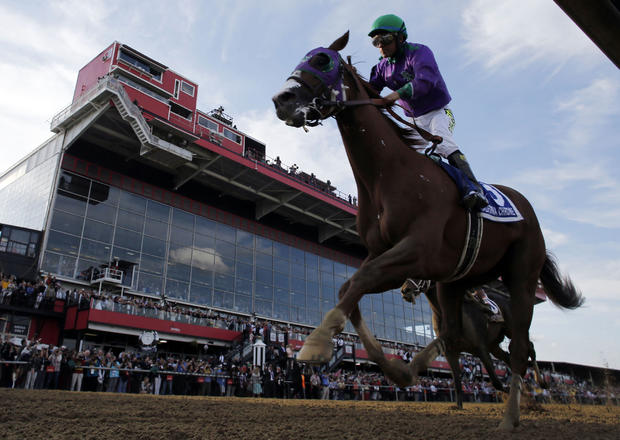 Victor Espinoza aboard California Chrome crosses the finish line to the 139th Preakness Stakes at Pimlico Race Course in Baltimore May 17, 2014. 