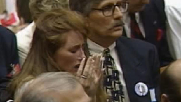 Kim Goldman and her father, Fred, react to the verdict. Simpson was acquitted. 