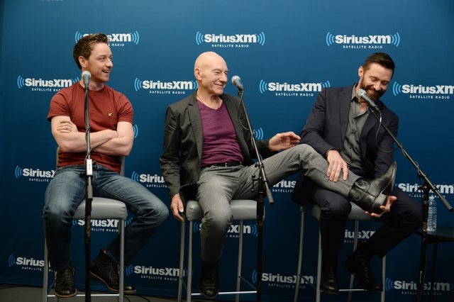 Patrick Stewart and Hugh Jackman laughing together X-Men promotional appearance