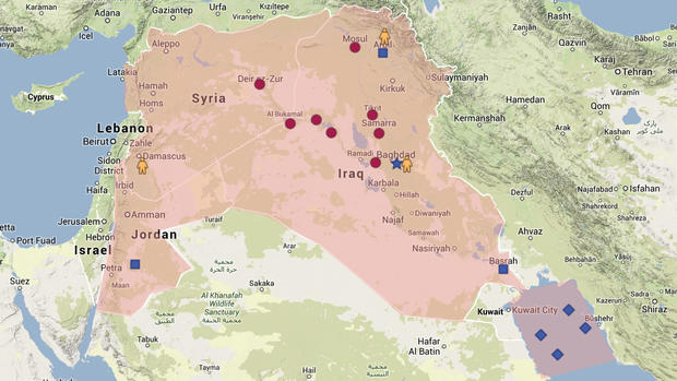 This map shows U.S. presence in Iraq (blue), areas of ISIS control (red) and locations of CBS News reporting (yellow). 