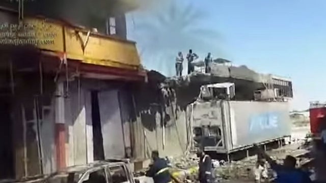 ​An unverified image posted online on June 24, 2014, purportedly shows damage from a Syrian airstrike on the Iraqi town of Qaim 