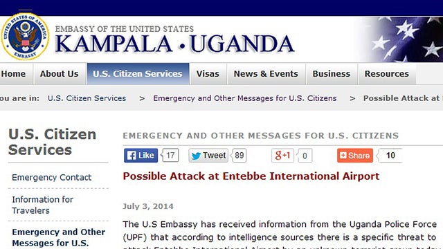 ​Image of a statement posted on the website of the U.S. Embassy in Kamapala, Uganda, warning of a "specific" terror threat to Entebbe International Airport 