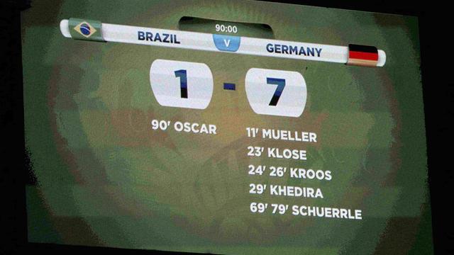 A general view of the scoreboard shows the result at the end of the 2014 World Cup semifinals between Brazil and Germany at the Mineirao stadium in Belo Horizonte July 8, 2014. 