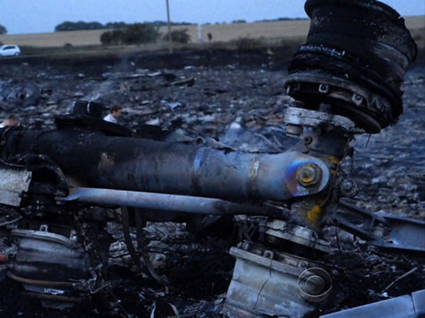 The wreckage of Malaysia Airlines Flight 17 is seen in Ukraine July 17, 2014. 