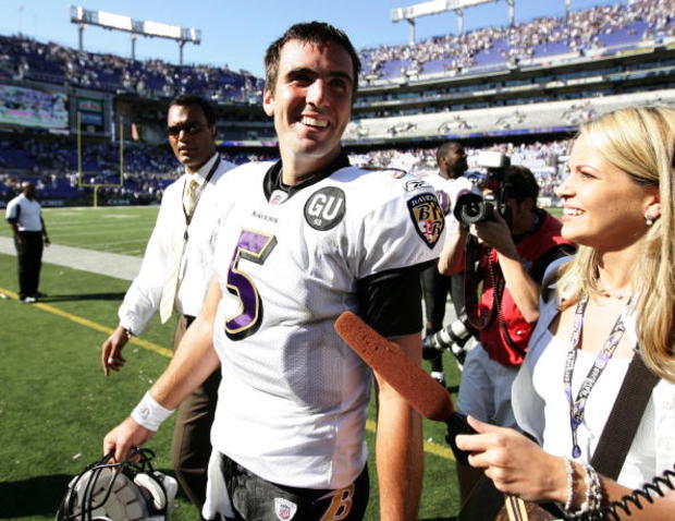 Joe Flacco smiles as he walks off the field after a 17-10 win against the Bengals on September 7, 2008  