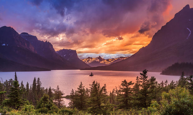 Beautiful sunset at St. Mary Lake in Glacier national park going to the sun road 