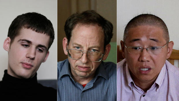 Three Americans detained in North Korea, from left: Matthew Miller, Jeffrey Fowle and Kenneth Bae, spoke with outside media Sept. 1, 2014 