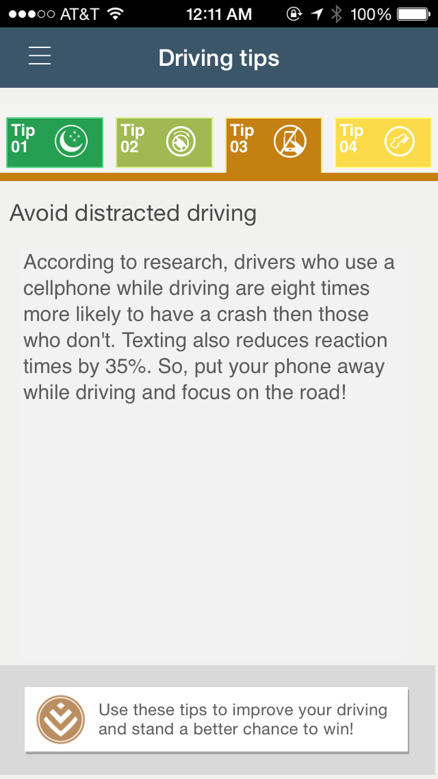 Cambridge Mobile Telematics app screen-Driving Tips 