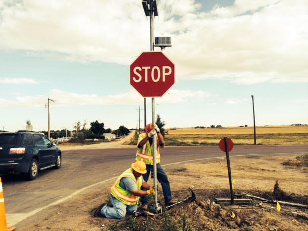 The new stop sign on Highway 14 in Weld County (credit: CBS) 