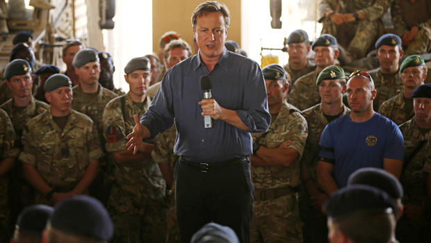 British Prime Minister David Cameron addresses British troops at Camp Bastion in southern Afghanistan Oct. 3, 2014. 