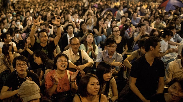 Thousands of pro-democracy protesters fill what has become known as "Umbrella Square" at Admiralty for a rally Oct. 10, 2014, in Hong Kong. 