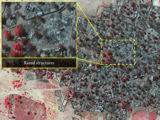 A satellite image from Jan. 7, 2015, shows almost all of the structures in the northeast Nigerian town of Doro Baga razed 