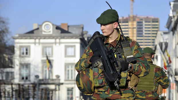 Belgian soldiers guard outside the U.S. Embassy in Brussels, near the Belgian Parliament, Jan. 17, 2015. 