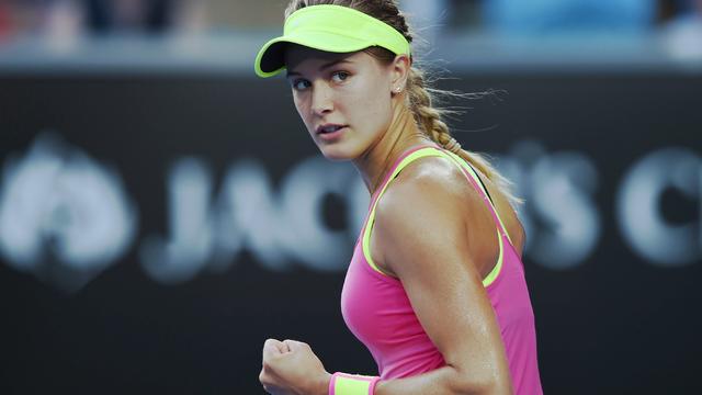 Canada's Eugenie Bouchard reacts as she plays against Netherland's Kiki Bertens during their women's singles match on day three of the 2015 Australian Open tennis tournament in Melbourne on Jan. 21, 2015. 