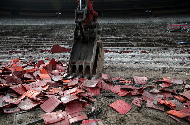 A pile of stadium seats sits on the field inside Candlestick Park in San Francisco, California, Feb. 4, 2015. 