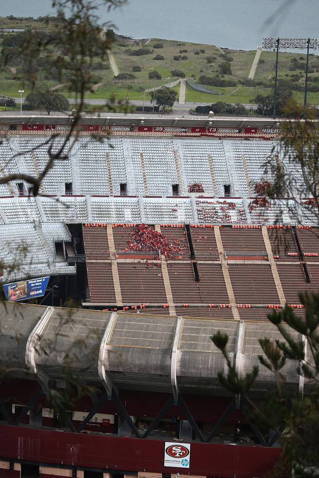 A cluster of seats remains in a section of seating inside Candlestick Park in San Francisco, California, Feb. 4, 2015. 