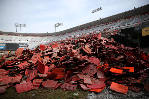 A pile of stadium seats sits on the field inside Candlestick Park Feb. 4, 2015. 