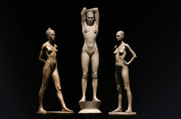 Three Robert Graham sculptures belonging to Lauren Bacall are displayed at Bonhams auctioneers in London, England, Feb. 13, 2015. 