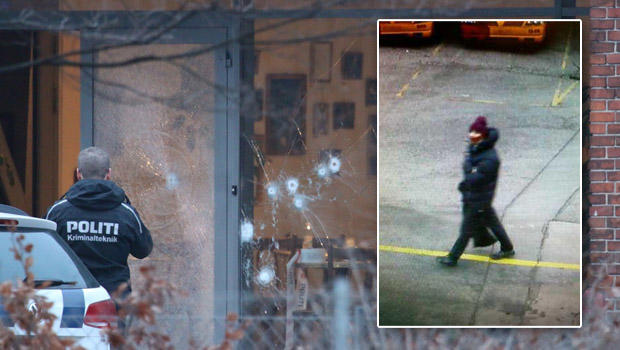 Police presence is seen next to damaged glass at the site of a deadly shooting in Copenhagen Feb. 14, 2015, with an inset picture of the suspect released by Copenhagen police. 