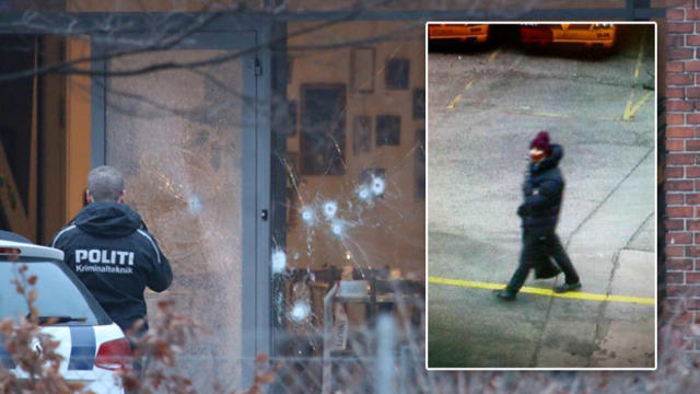 ​Police presence is seen next to damaged glass at the site of a deadly shooting in Copenhagen Feb. 14, 2015, with an inset picture of the suspect released by Copenhagen police. 