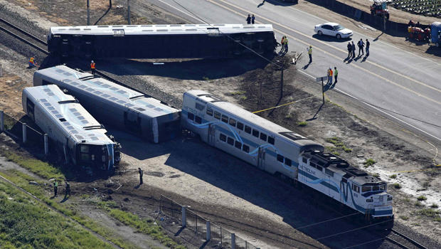 Aerial view of scene of derailment of double-decker Metrolink train in Oxnard, California on Feb. 24, 2015 