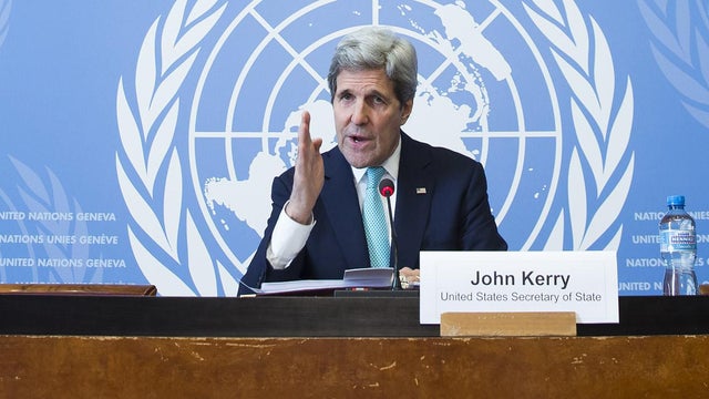 U.S. Secretary of State John Kerry during a news conference after he delivered remarks to the United Nations Human Rights Council in Geneva 