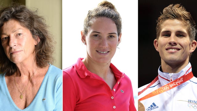 French Champion sailor Florence Arthaud (left), French Olympic gold medallist swimmer Camille Muffat (center), and French Olympic boxer Alexis Vastine 