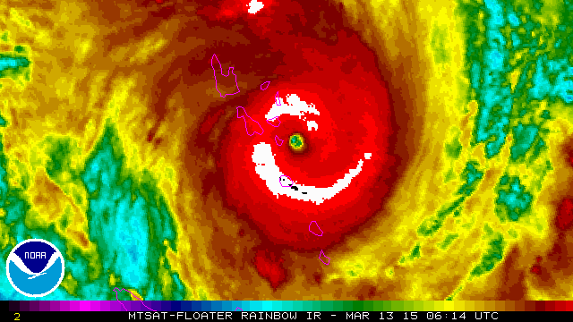 ​A satellite image shows Cyclone Pam churning just off the eastern coast of the Vanuatu islands 