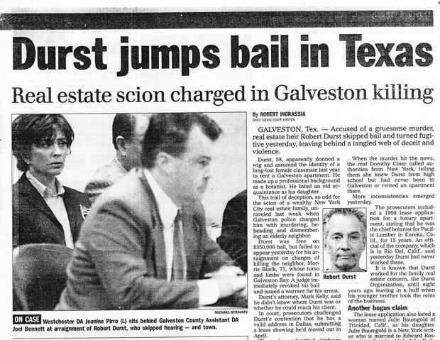 Newspaper headline: "Durst jumps bail in Texas" 