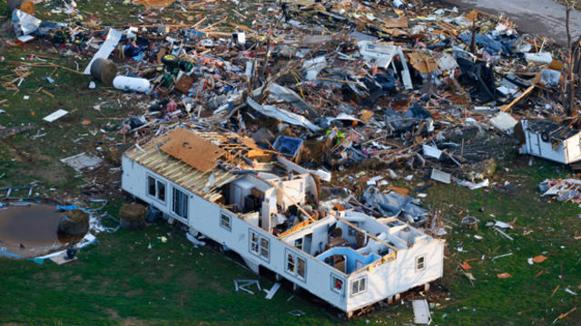 This aerial photo shows storm damage of the River Oaks Mobile Home Park in Sand Springs, Oklahoma, March 26, 2015. 