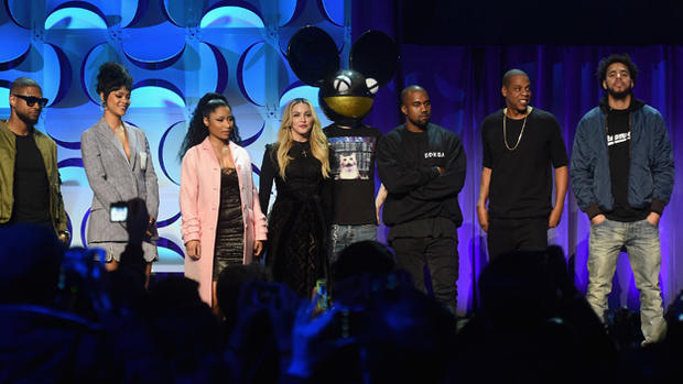 Usher, Rihanna, Nicki Minaj, Madonna, Deadmau5, Kanye West, JAY Z, and J. Cole onstage at the Tidal launch event #TIDALforALL at Skylight at Moynihan Station on March 30, 2015 in New York City. (Photo by Jamie McCarthy/Getty Images) 