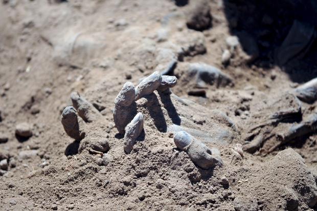 A hand is seen as Iraqi forensic teams recovered dead bodies from a mass grave in the presidential compound of the former Iraqi president Saddam Hussein in Tikrit. 