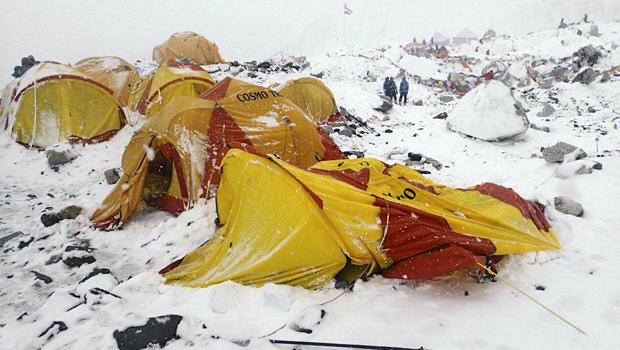 This photo provided by Azim Afif shows the scene after an avalanche triggered by a massive earthquake swept across Everest Base Camp, Nepal, April 25, 2015. 