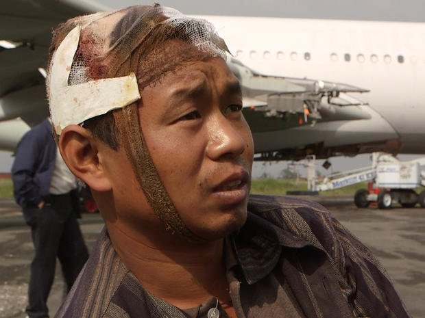 Lobsang Sherpa, who was injured when a landslide hit the bus he was riding in during Nepal's earthquake, speaks to CBS News in Kathmandu 