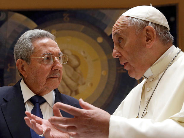 Pope Francis talks with Cuban President Raul Castro during a private audience at the Vatican 