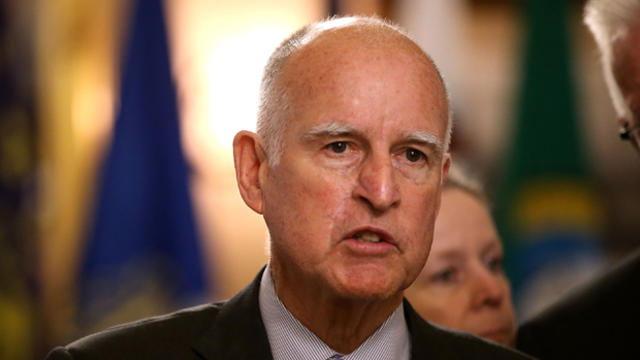 California Gov. Jerry Brown speaks during a bill signing event at the Leland Stanford Mansion May 19, 2015, in Sacramento, California. 