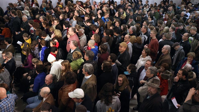 Supporters gather to hear Republican presidential candidate and former U.S. Sen. Rick Santorum speak at a campaign rally at the Heritage Christian Academy Feb. 27, 2012, in Kalamazoo, Michigan. 
