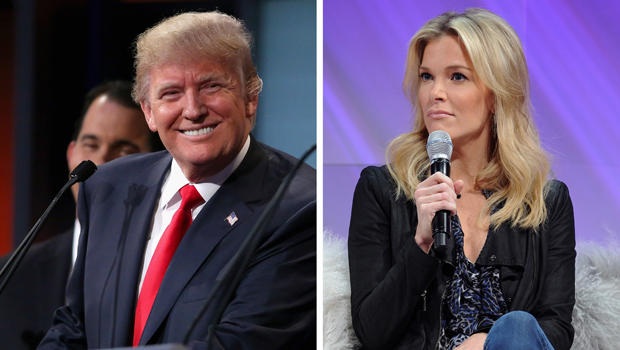 This composite image shows Republican presidential candidate Donald Trump at the Quicken Loans Arena Aug. 6, 2015, in Cleveland, Ohio, and Fox News Channel Anchor Megyn Kelly onstage during Cosmopolitan Magazine's Fun Fearless Life Conference powered by W 