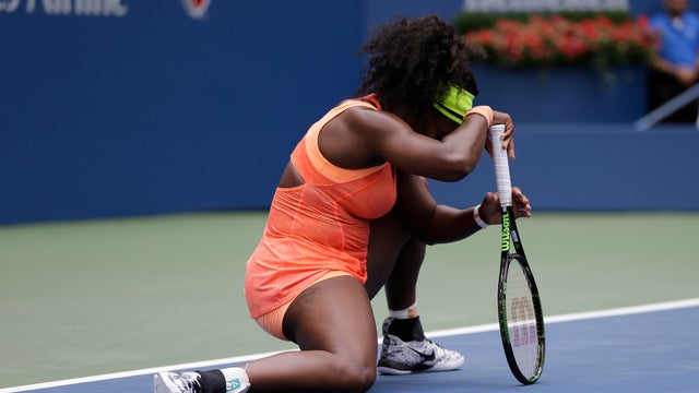 ​Serena Williams reacts after losing a point to Roberta Vinci, of Italy, during a semifinal match at the U.S. Open tennis tournament Sept. 11, 2015, in New York. 