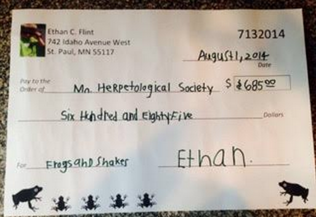 A check Ethan Flint presented to the Minnesota Herpetological Society in 2014 