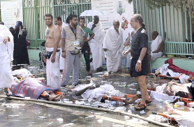 The bodies of Muslim pilgrims are seen following a crush caused by large numbers of people pushing at Mina, outside the Muslim holy city of Mecca 