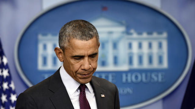 President Obama delivers a statement about the deadly shooting at Umpqua Community College in which he said, "Our thoughts and prayers are not enough," at the White House in Washington, D.C., Oct. 1, 2015. 