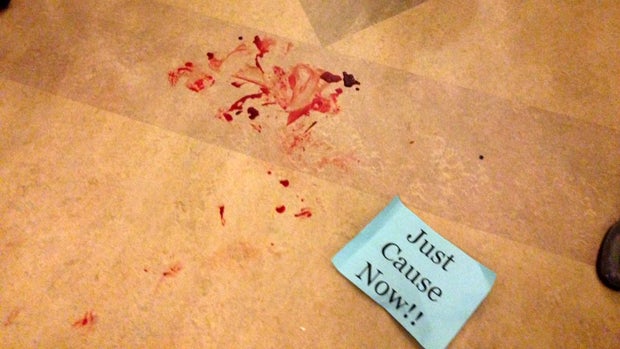 ​A confrontation between a police officer and a protester left blood on the floor of a hallway at Alameda City Hall in Alameda, California, Nov. 4, 2015. 