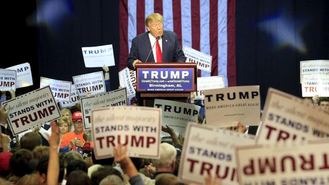 Republican presidential candidate Donald Trump speaks at a rally at the Birmingham Jefferson Civic Complex in Birmingham, Alabama, Nov. 21, 2015. 