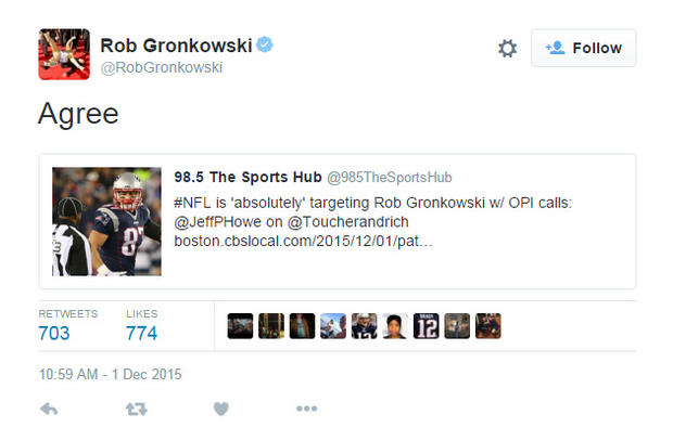 rob gronkowski agrees that he is being targeted - twitter screenshot 