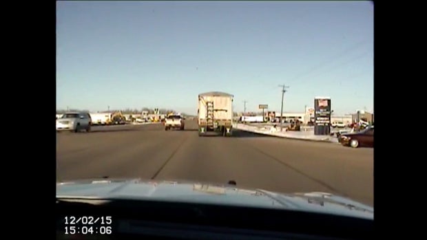 This image captured from police dashcam video shows a ​runaway semitrailer near Norfolk, Neb., Dec. 2, 2015. 