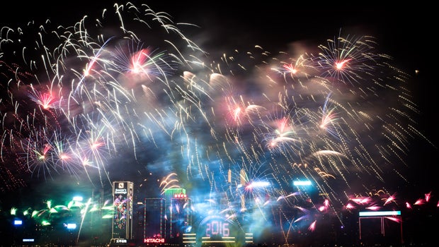 Fireworks are seen over the city's skyline in Hong Kong on Jan. 1, 2016, as part of the 2016 new year celebrations. 
